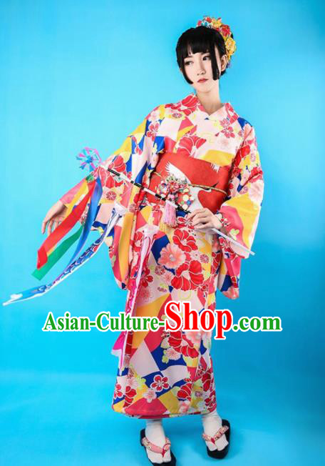 Japanese Traditional Handmade Printing Furisode Kimono Red Dress Asian Japan Geisha Yukata Costume for Women