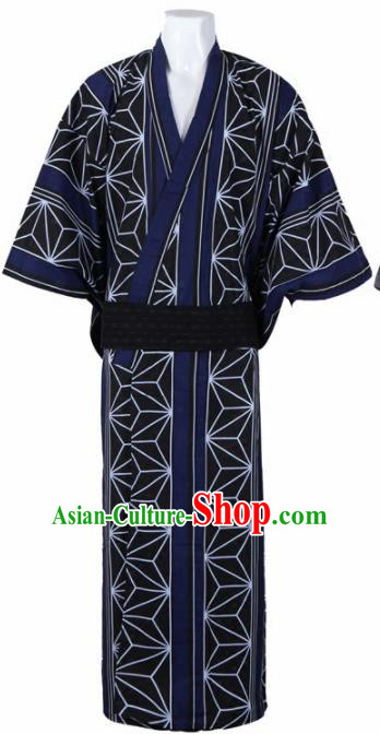 Japanese Traditional Samurai Printing Navy Kimono Asian Japan Handmade Warrior Yukata Costume for Men