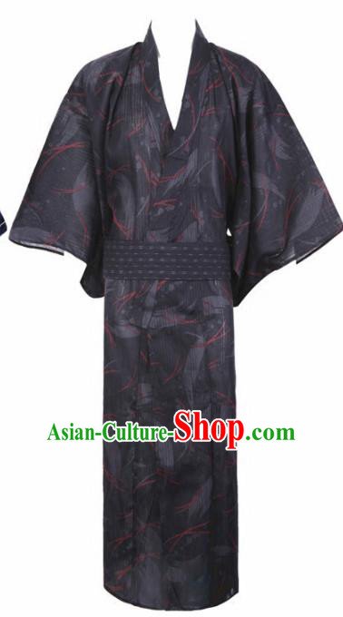 Japanese Traditional Samurai Printing Deep Grey Kimono Asian Japan Handmade Warrior Yukata Costume for Men