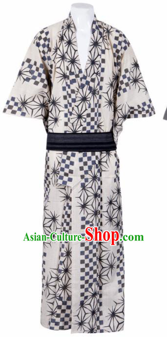 Japanese Traditional Samurai Printing White Kimono Asian Japan Handmade Warrior Yukata Costume for Men