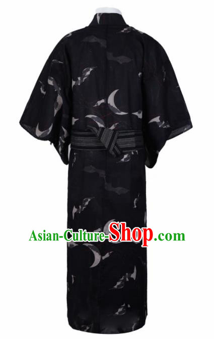 Japanese Traditional Samurai Printing Black Kimono Robe Asian Japan Handmade Warrior Yukata Costume for Men