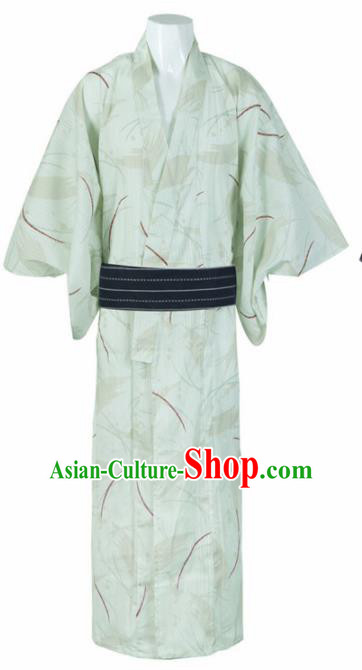 Japanese Traditional Samurai Printing Green Kimono Robe Asian Japan Handmade Warrior Yukata Costume for Men