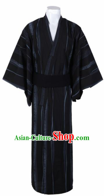 Japanese Traditional Samurai Black Kimono Robe Asian Japan Handmade Warrior Yukata Costume for Men