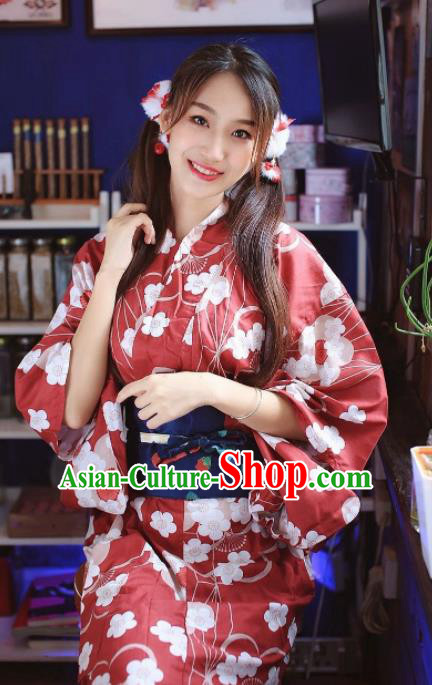 Japanese Traditional Handmade Printing Red Kimono Dress Asian Japan Geisha Yukata Costume for Women