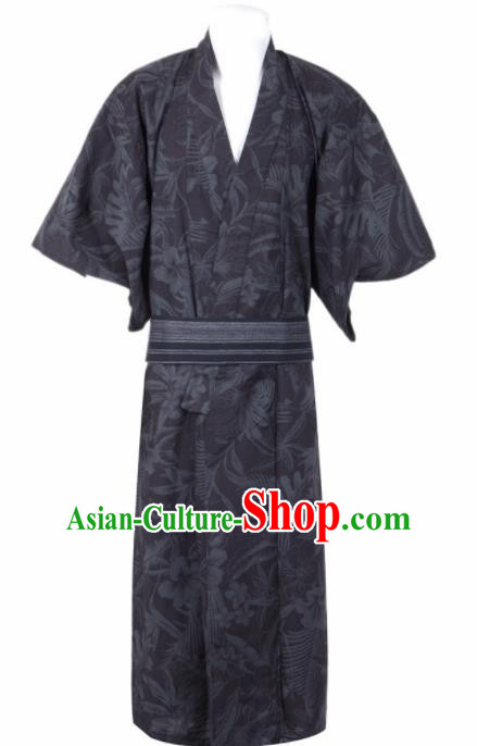 Traditional Japanese Samurai Printing Flowers Black Kimono Robe Asian Japan Handmade Warrior Yukata Costume for Men