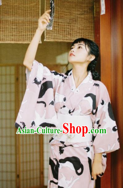 Handmade Japanese Geisha Printing Pink Furisode Kimono Dress Asian Japan Traditional Yukata Costume for Women