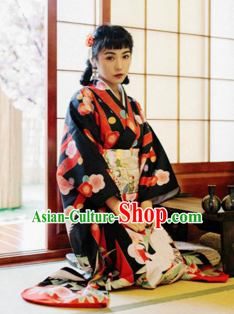 Handmade Japanese Geisha Printing Black Furisode Kimono Dress Asian Japan Traditional Yukata Costume for Women