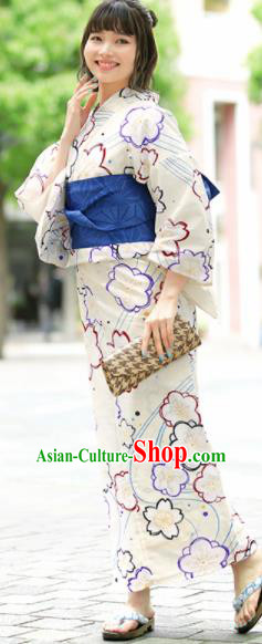 Japanese Traditional Handmade Printing Sakura White Kimono Dress Asian Japan Geisha Yukata Costume for Women