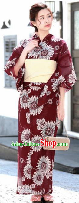 Japanese Traditional Handmade Printing Daisy Wine Red Kimono Dress Asian Japan Geisha Yukata Costume for Women