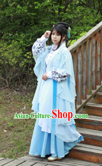 Chinese Traditional Cosplay Peri Princess Costume Ancient Swordswoman Blue Hanfu Dress for Women