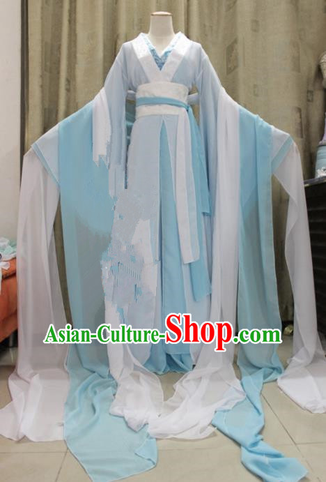 Chinese Traditional Cosplay Swordswoman Costume Ancient Peri Princess Blue Hanfu Dress for Women