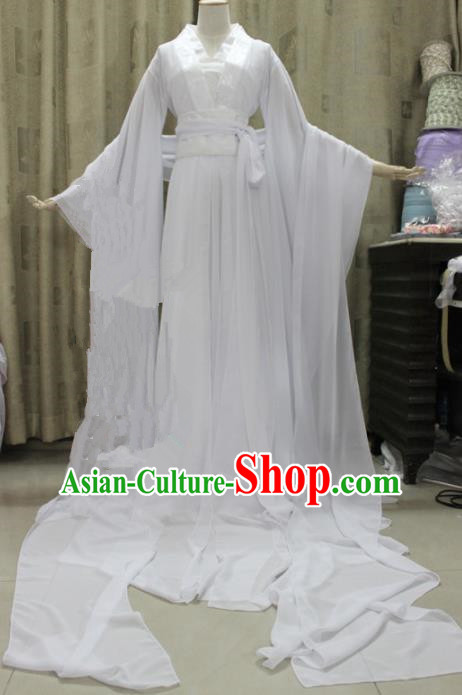 Chinese Traditional Cosplay Swordswoman Costume Ancient Peri Princess White Hanfu Dress for Women