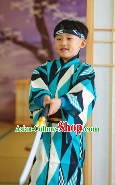 Japanese Traditional Handmade Kimono Asian Japan Boys Blue Yukata Costume for Kids