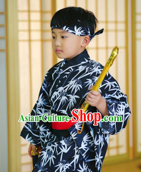 Japanese Traditional Handmade Kimono Asian Japan Boys Printing Bamboo Navy Yukata Costume for Kids