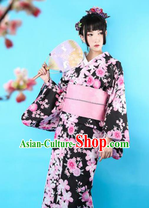 Japanese Traditional Handmade Furisode Kimono Black Dress Asian Japan Geisha Yukata Costume for Women