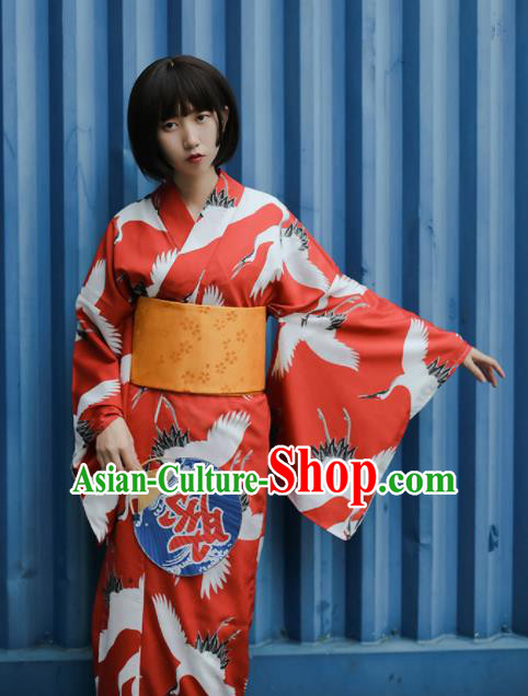 Japanese Traditional Handmade Furisode Kimono Red Dress Asian Japan Geisha Yukata Costume for Women