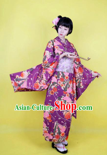 Japanese Traditional Handmade Furisode Kimono Purple Dress Asian Japan Geisha Yukata Costume for Women