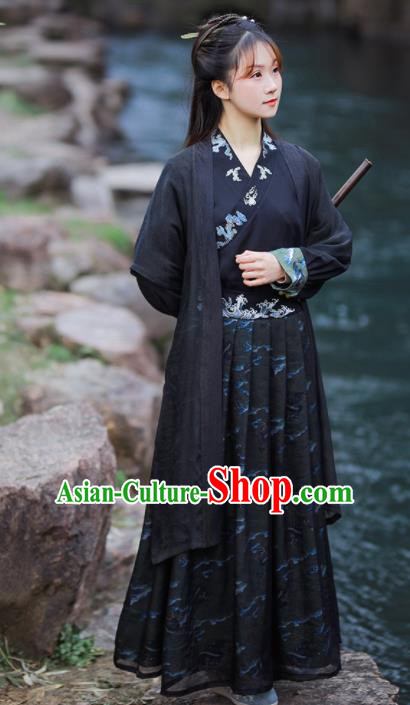 Chinese Ancient Swordswoman Embroidered Black Hanfu Dress Song Dynasty Young Lady Historical Costume for Women