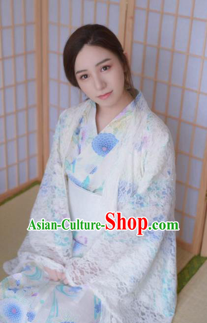 Handmade Japanese Geisha Printing Chrysanthemum White Furisode Kimono Dress Asian Japan Traditional Yukata Costume for Women