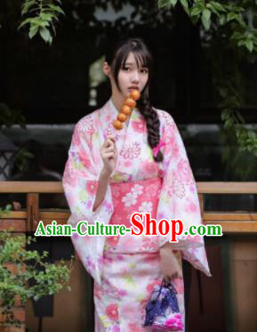 Handmade Japanese Geisha Printing Pink Furisode Kimono Dress Asian Japan Traditional Yukata Costume for Women