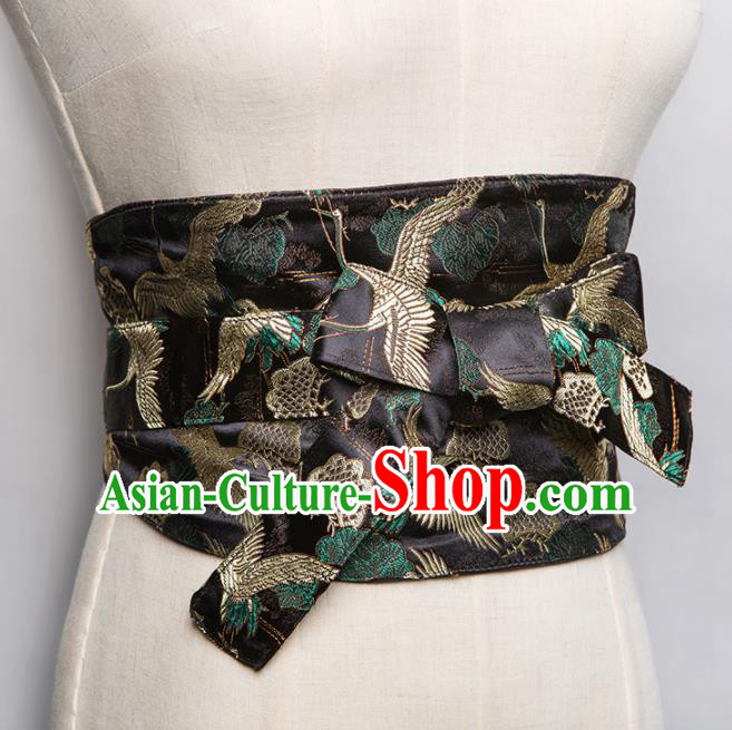 Japanese Traditional Handmade Kimono Belts Asian Japan Geisha Yukata Black Brocade Waistband for Women
