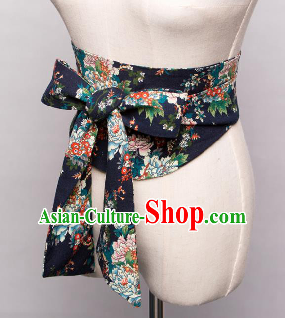 Japanese Traditional Handmade Kimono Belts Asian Japan Geisha Yukata Navy Brocade Waistband for Women