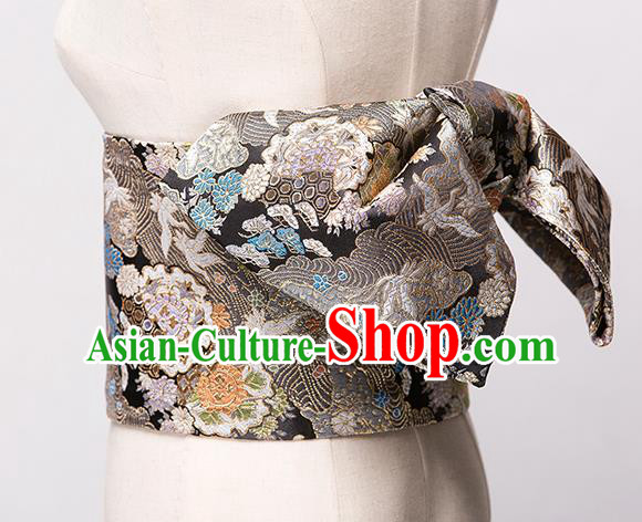 Japanese Traditional Handmade Kimono Belts Asian Japan Geisha Yukata Black Brocade Waistband for Women