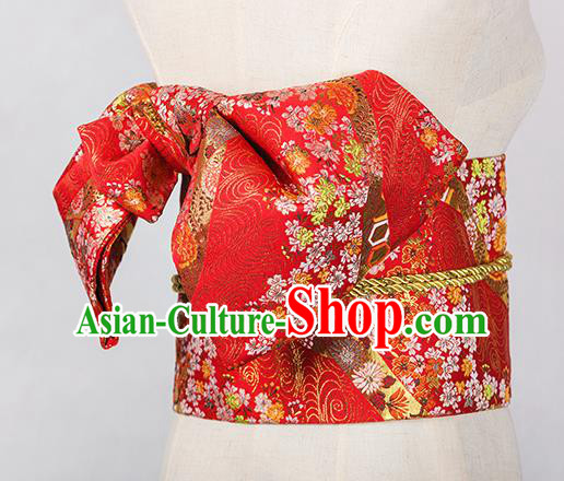 Japanese Traditional Handmade Kimono Red Brocade Embroidered Belts Asian Japan Geisha Yukata Waistband for Women