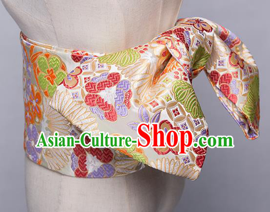 Japanese Traditional Handmade Kimono Embroidered Belts Asian Japan Geisha Yukata Beige Brocade Waistband for Women