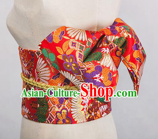 Japanese Traditional Kimono Red Brocade Embroidered Belts Asian Handmade Japan Geisha Yukata Waistband for Women