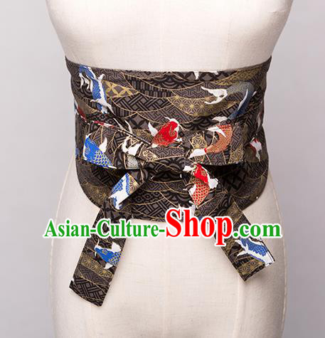 Japanese Traditional Kimono Printing Fishes Black Belts Asian Handmade Japan Geisha Yukata Waistband for Women