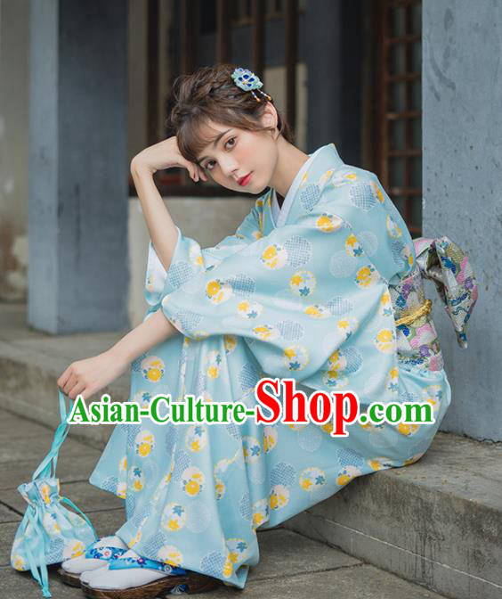 Handmade Japanese Traditional Costume Printing Green Furisode Kimono Dress Asian Japan Yukata for Women