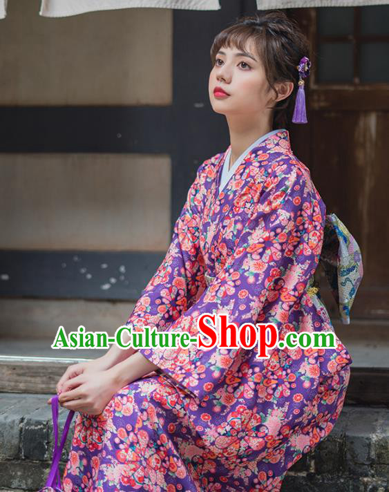 Handmade Japanese Traditional Costume Purple Furisode Kimono Dress Asian Japan Yukata for Women