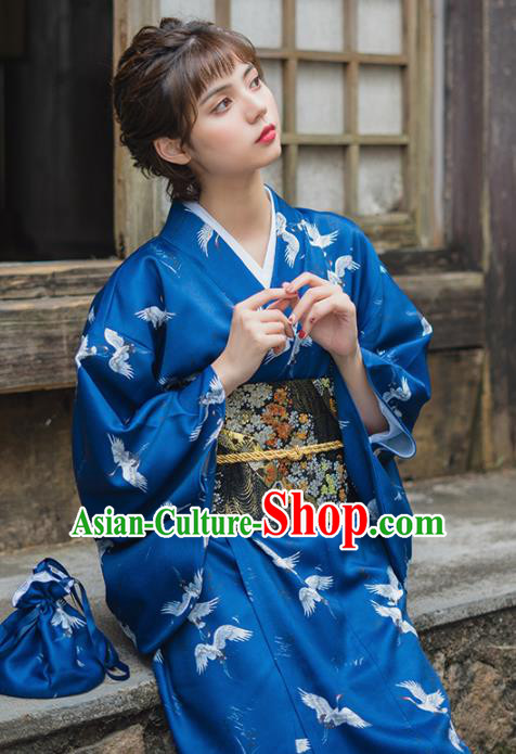 Handmade Japanese Traditional Costume Deep Blue Furisode Kimono Dress Asian Japan Yukata for Women