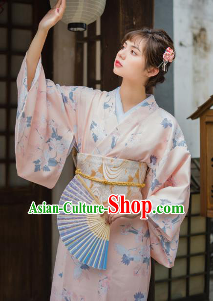 Handmade Japanese Traditional Costume Printing Pink Furisode Kimono Dress Asian Japan Yukata for Women