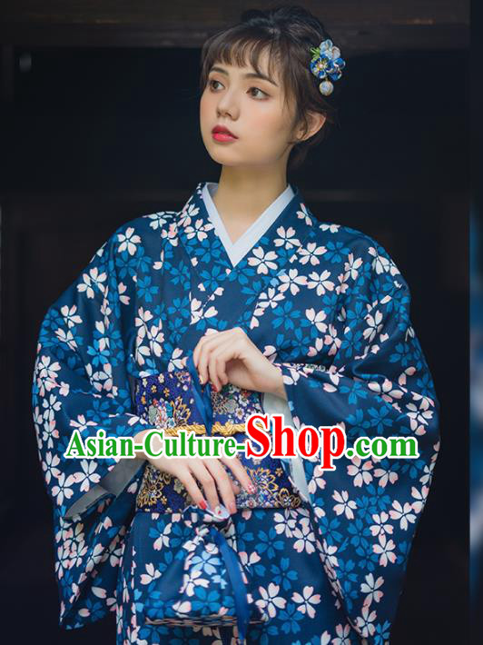 Handmade Japanese Traditional Costume Printing Sakura Blue Furisode Kimono Dress Asian Japan Yukata for Women