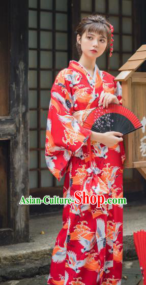 Handmade Japanese Traditional Costume Printing Cranes Red Furisode Kimono Dress Asian Japan Yukata for Women
