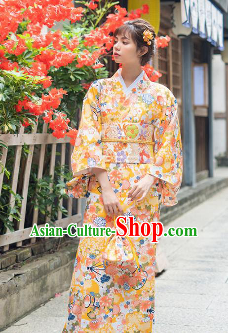 Handmade Japanese Traditional Costume Printing Yellow Furisode Kimono Dress Asian Japan Yukata for Women