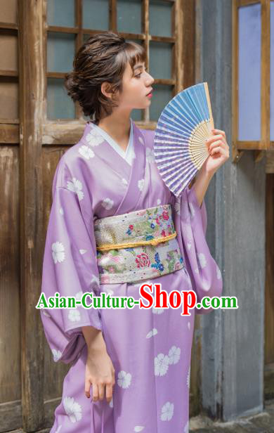 Handmade Japanese Traditional Costume Printing Violet Furisode Kimono Dress Asian Japan Yukata for Women