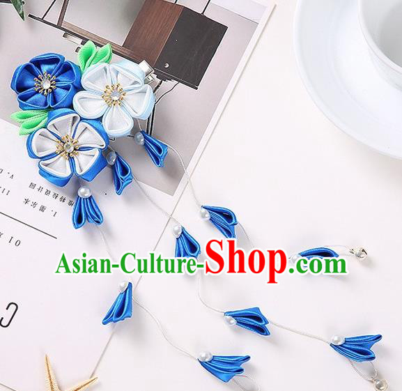 Japanese Traditional Kimono Hair Accessories Handmade Japan Geisha Blue Ribbon Tassel Hairpins for Women