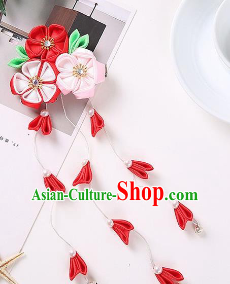 Japanese Traditional Kimono Hair Accessories Handmade Japan Geisha Red Ribbon Tassel Hairpins for Women