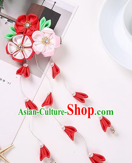 Japanese Traditional Kimono Hair Accessories Handmade Japan Geisha Red Ribbon Tassel Hairpins for Women