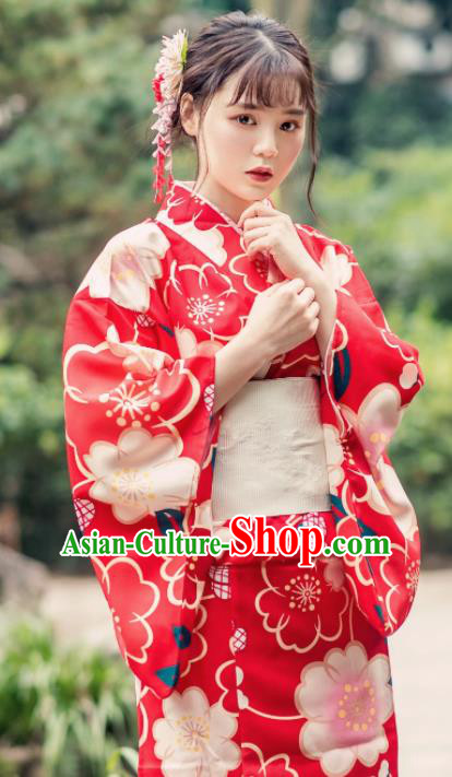 Japanese Traditional Costume Geisha Printing Sakura Red Furisode Kimono Asian Japan Yukata Dress for Women