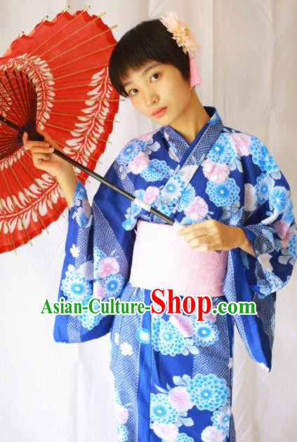 Japanese Traditional Costume Geisha Printing Chrysanthemum Blue Furisode Kimono Asian Japan Yukata Dress for Women