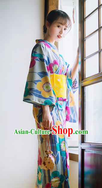 Japanese Traditional Costume Geisha Blue Furisode Kimono Dress Asian Japan Yukata for Women