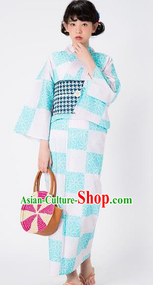 Japanese Traditional Costume Geisha Blue Furisode Kimono Asian Japan Yukata Dress for Women