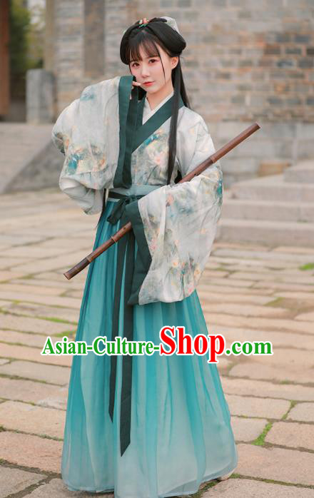 Chinese Ancient Princess Green Embroidered Hanfu Dress Jin Dynasty Historical Costume for Women