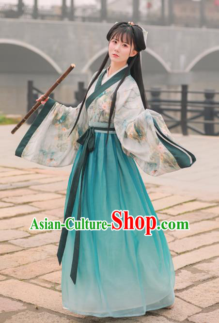 Chinese Ancient Princess Green Embroidered Hanfu Dress Jin Dynasty Historical Costume for Women