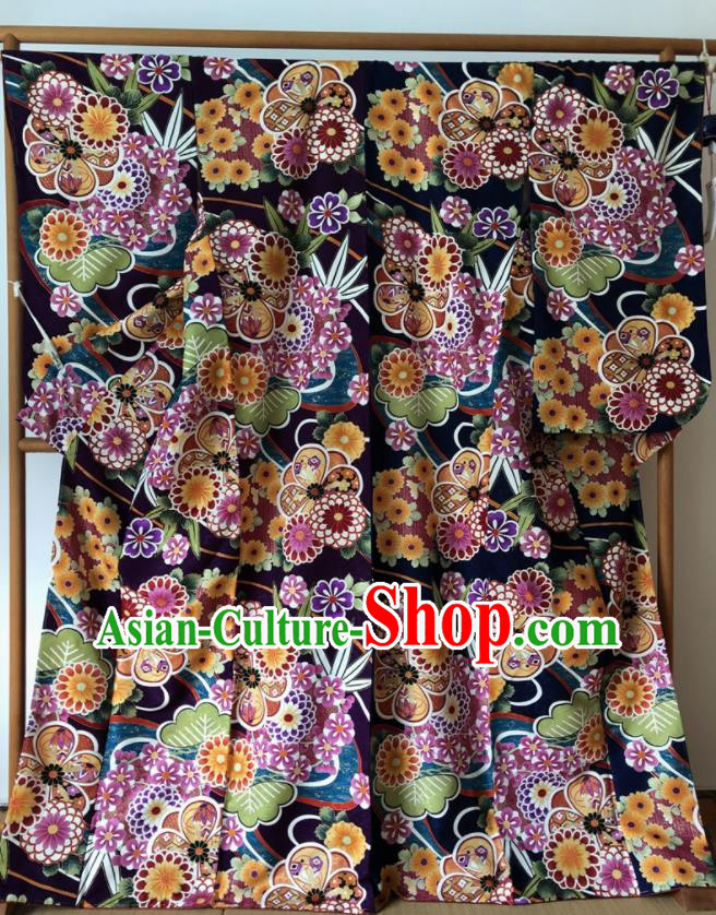 Japanese Traditional Costume Geisha Printing Sakura Bamboo Furisode Kimono Asian Japan Yukata Dress for Women