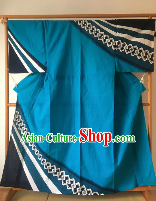 Japanese Traditional Costume Geisha Blue Furisode Kimono Asian Japan Yukata Dress for Women